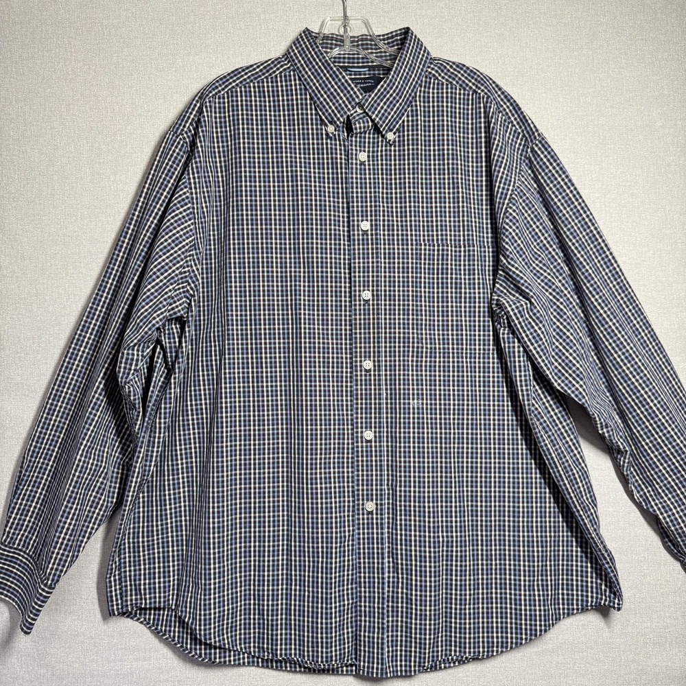 Roundtree & Yorke Shirt Mens XL Blue Check Long Sleeve Button Front Cotton